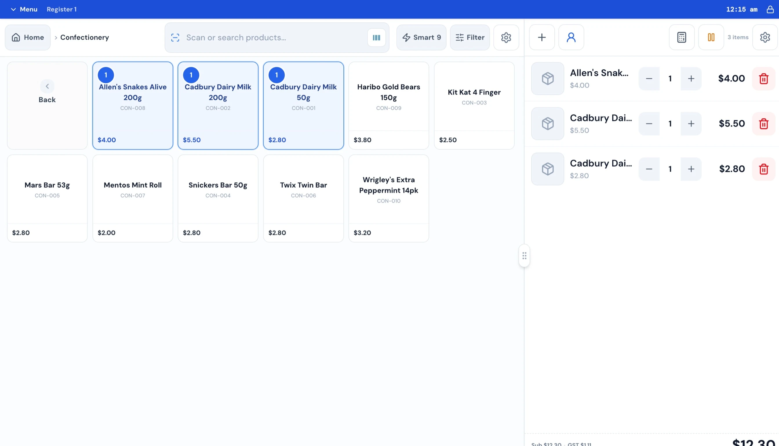 POS till screen with product grid and three-item cart