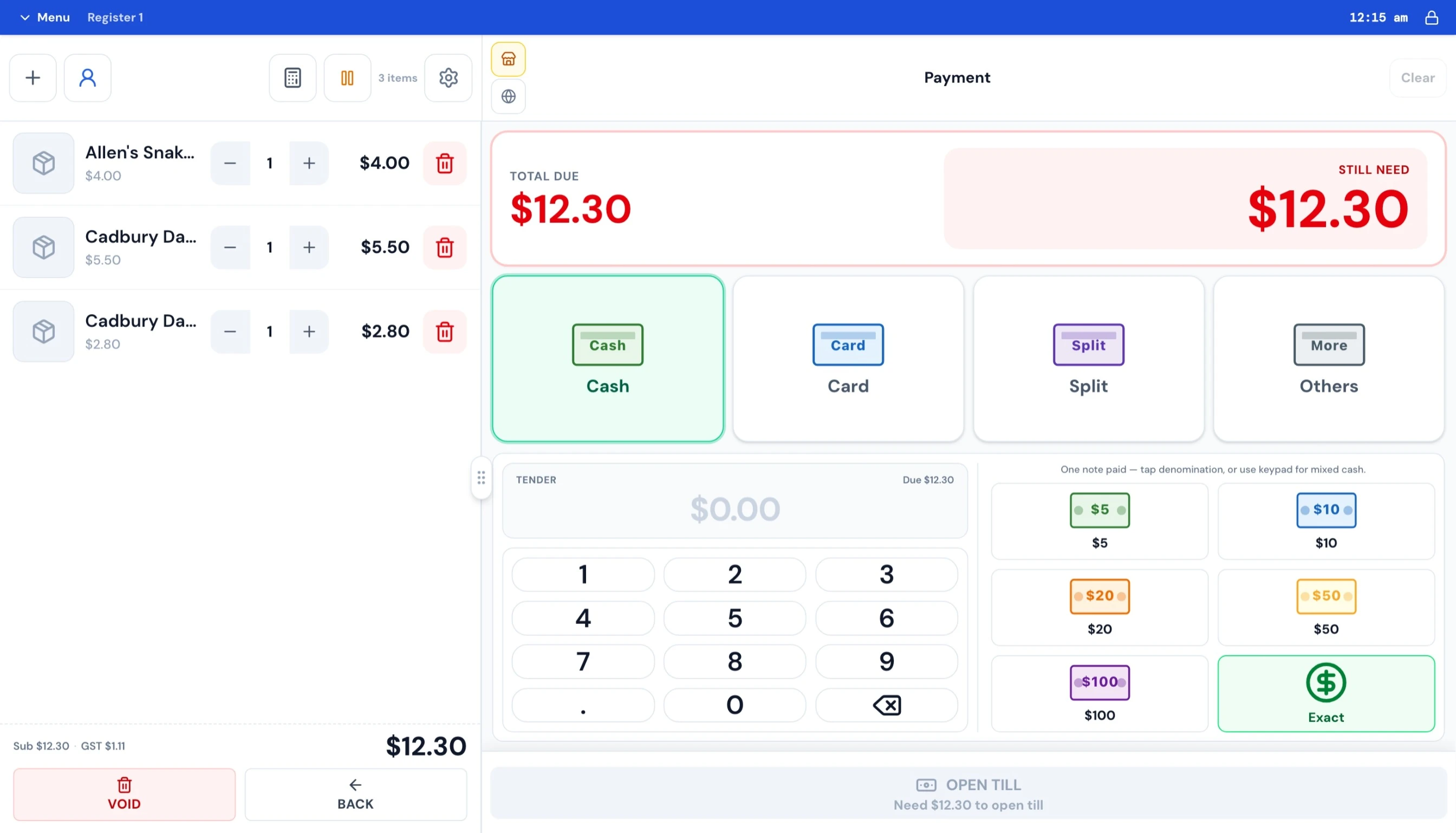 Payment screen with cash denomination buttons and keypad
