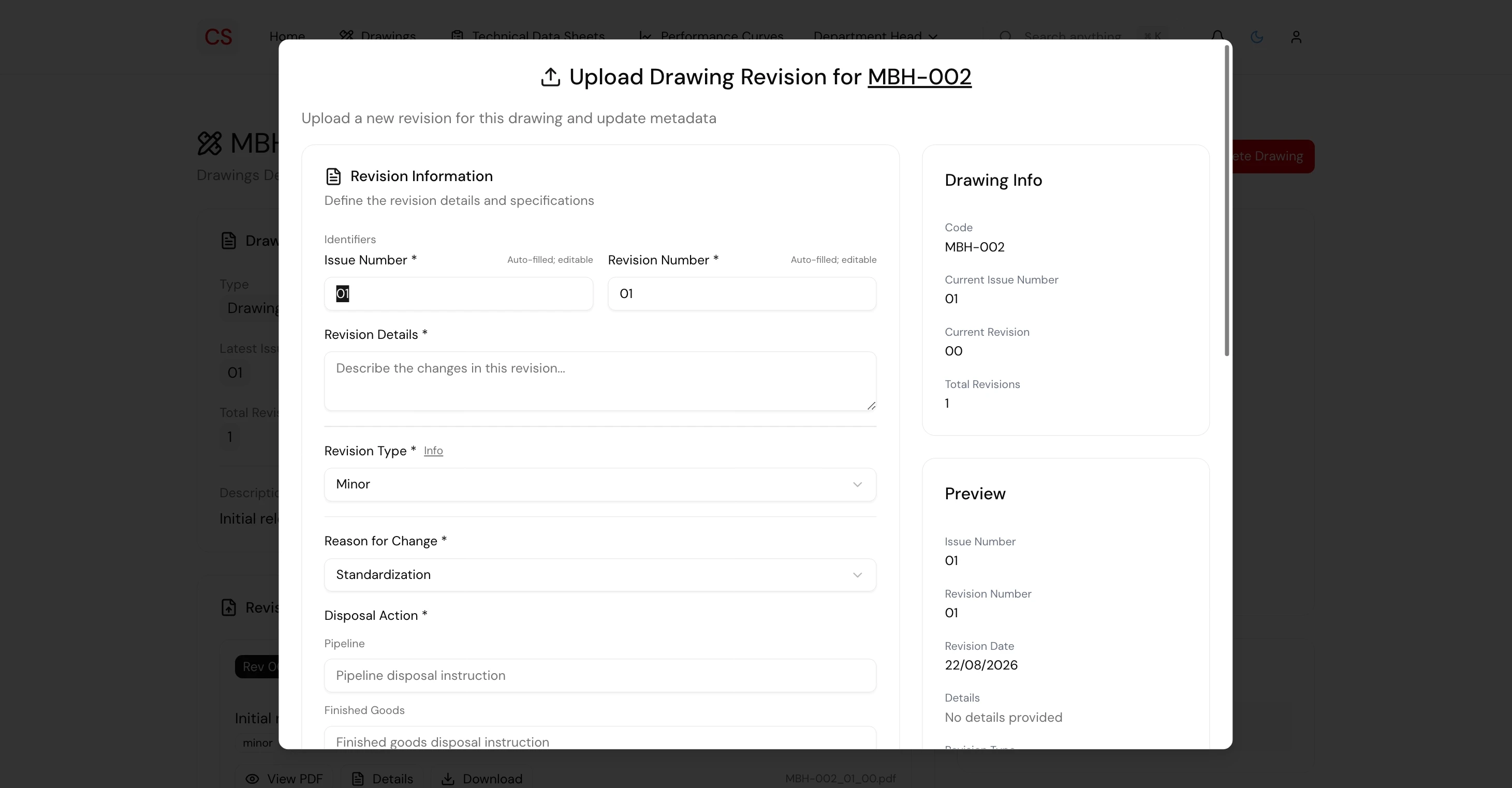 Upload revision modal with revision type, reason, and disposal action fields