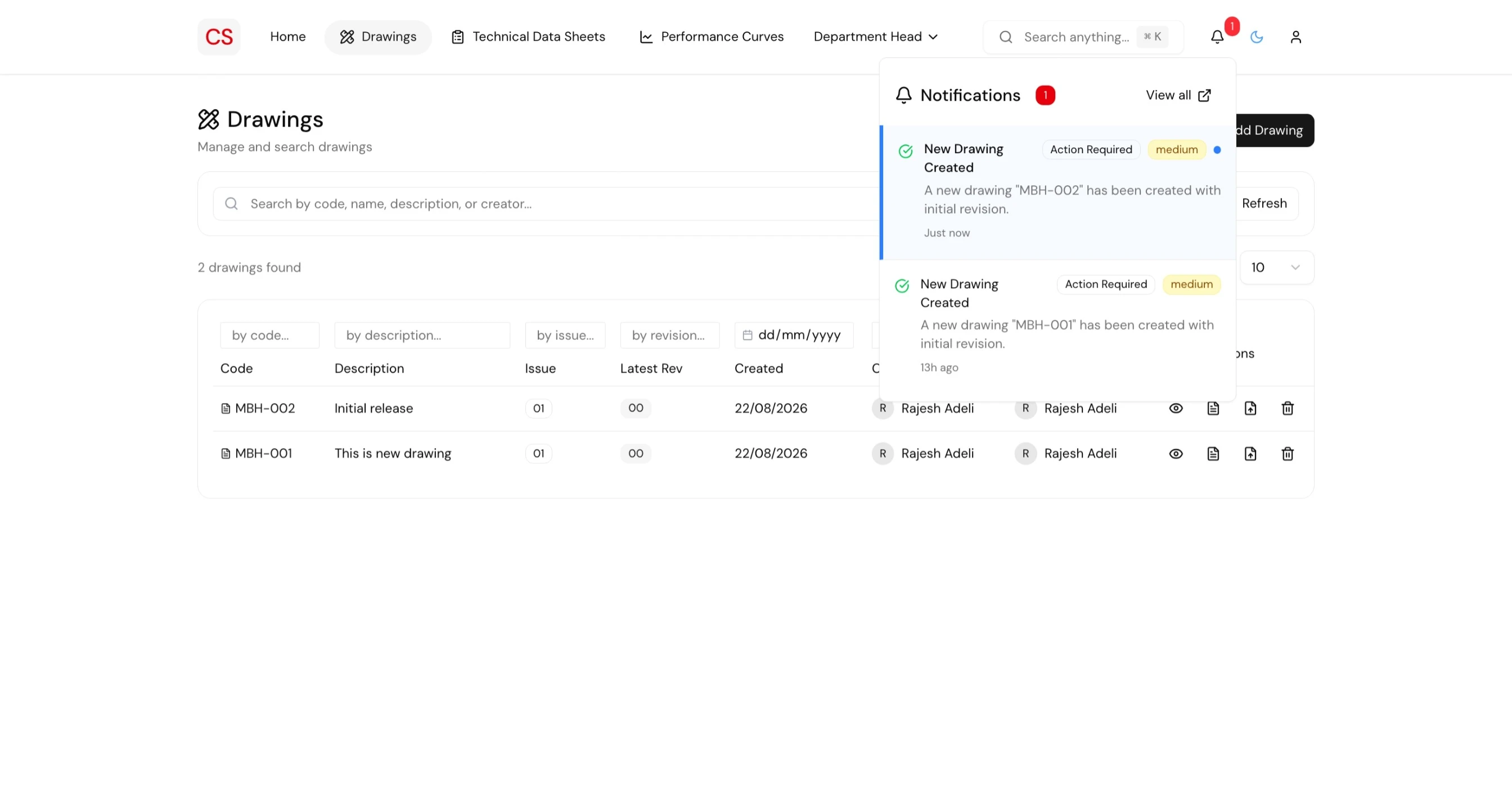 Notification inbox dropdown showing two drawing events with priority labels