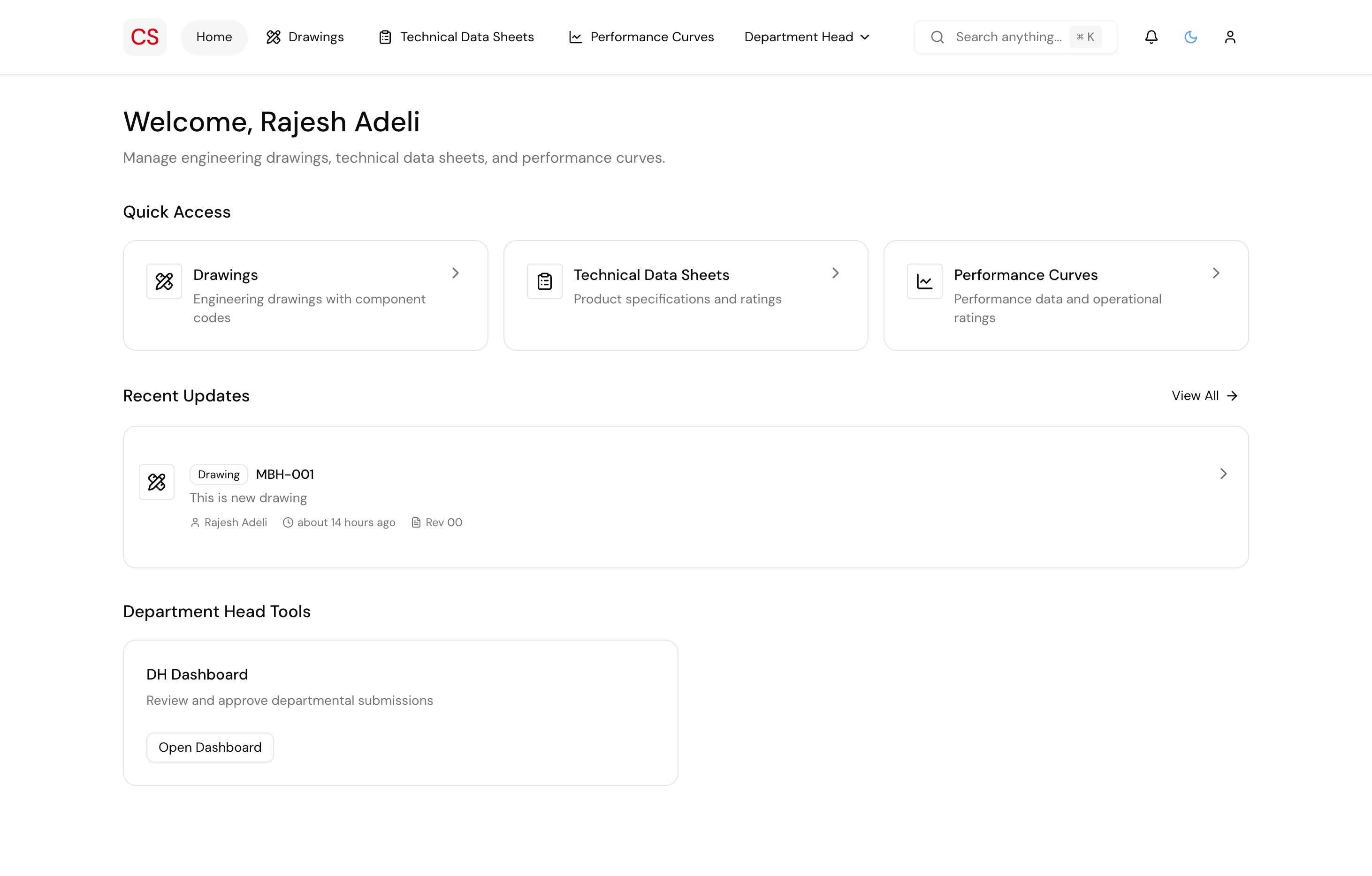 Home dashboard with quick access cards and recent drawing updates
