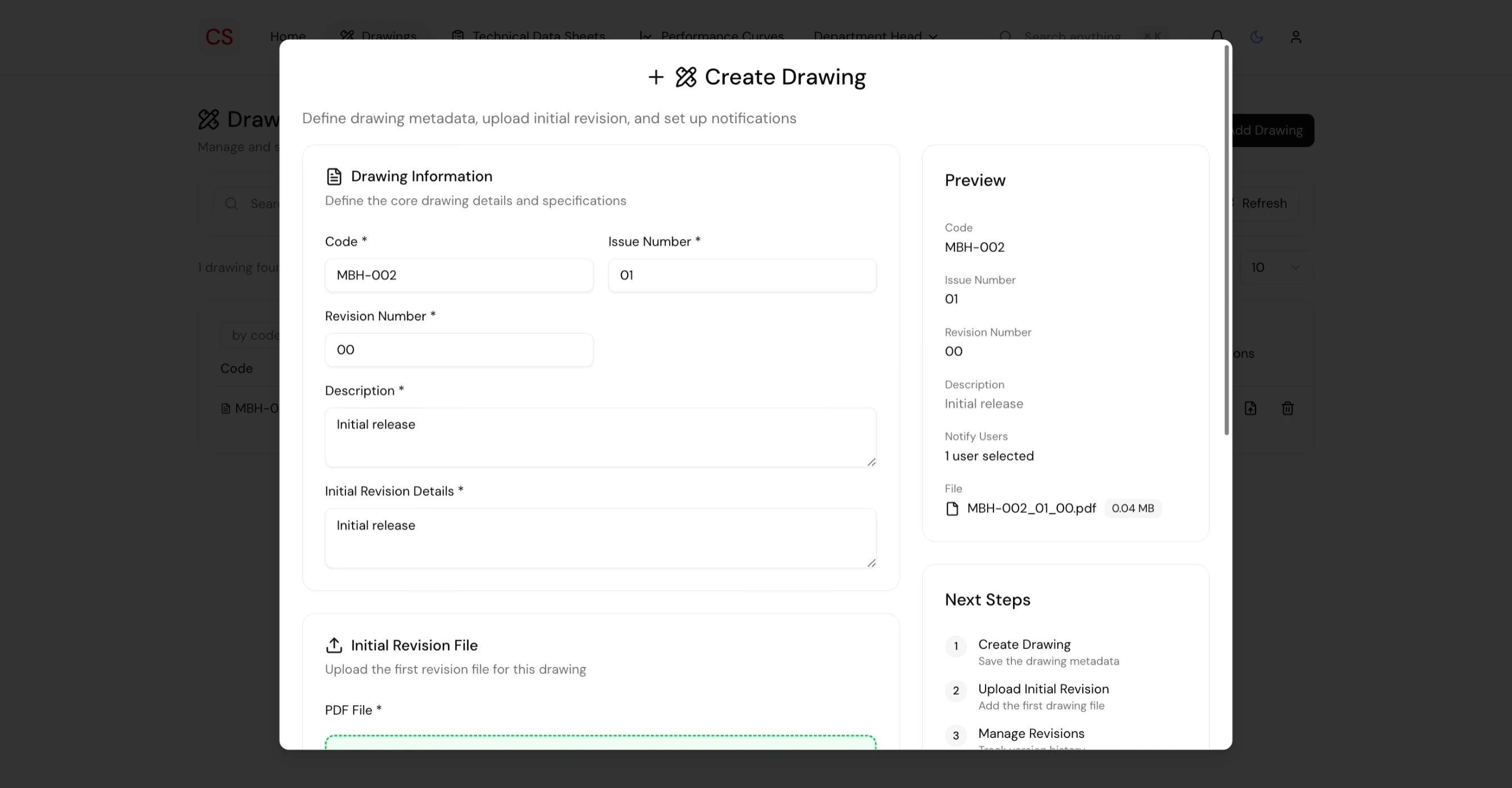 Create drawing modal with live preview panel and next steps guide