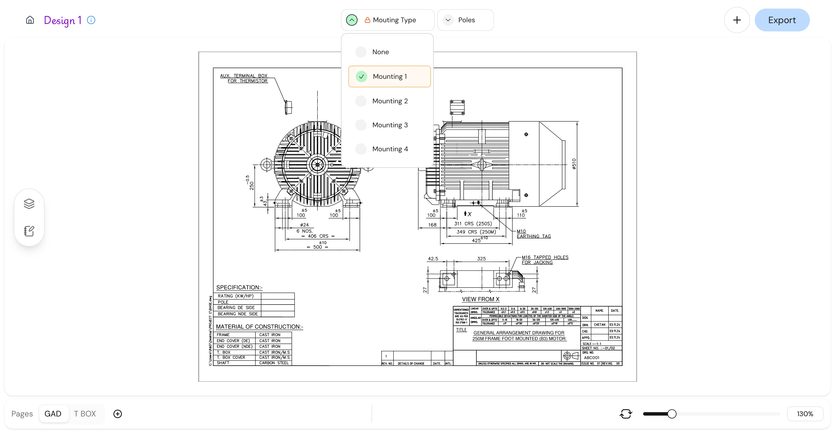 Design viewer with mounting-type menu open on a motor drawing
