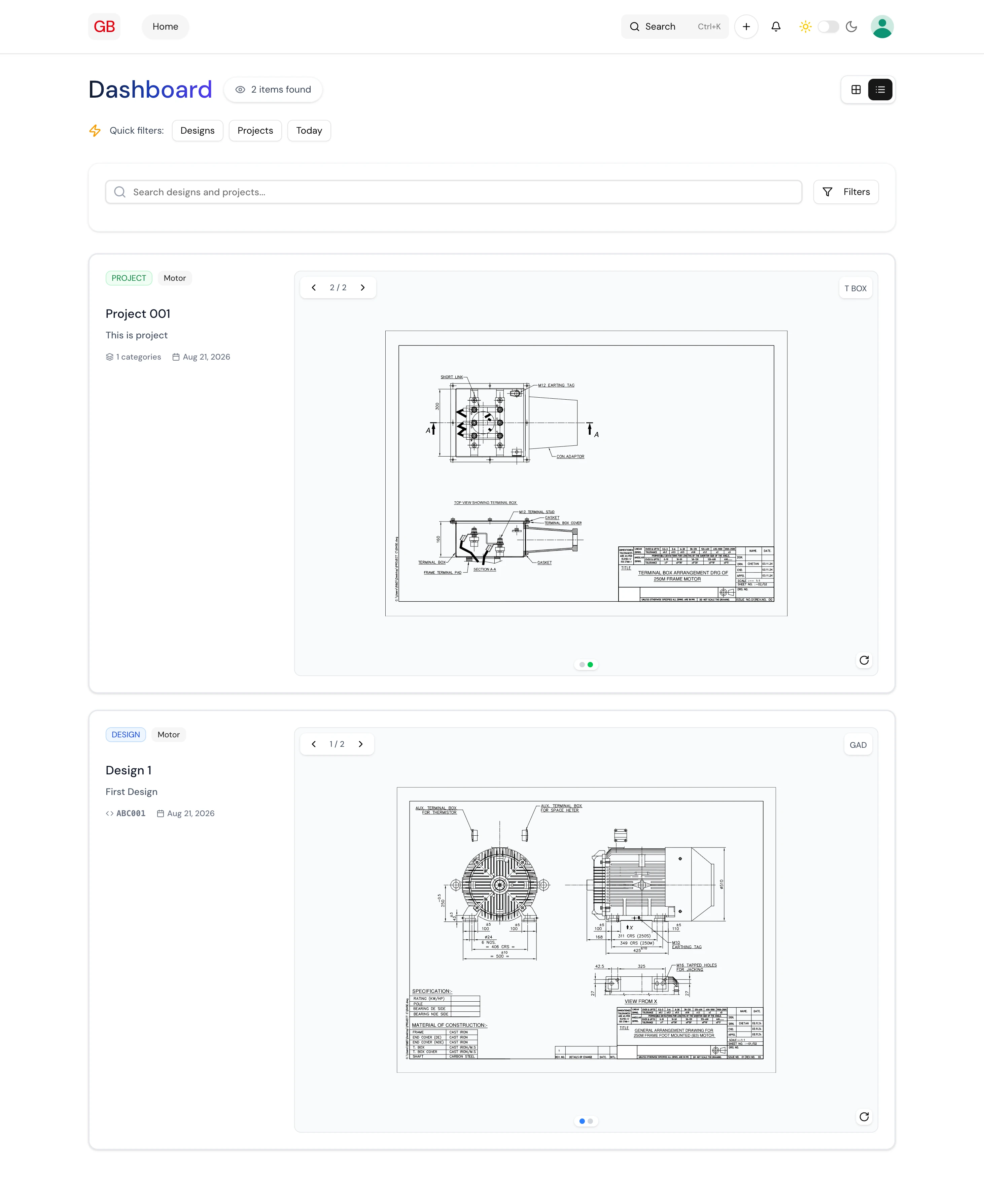 Dashboard listing project and design cards with drawing previews
