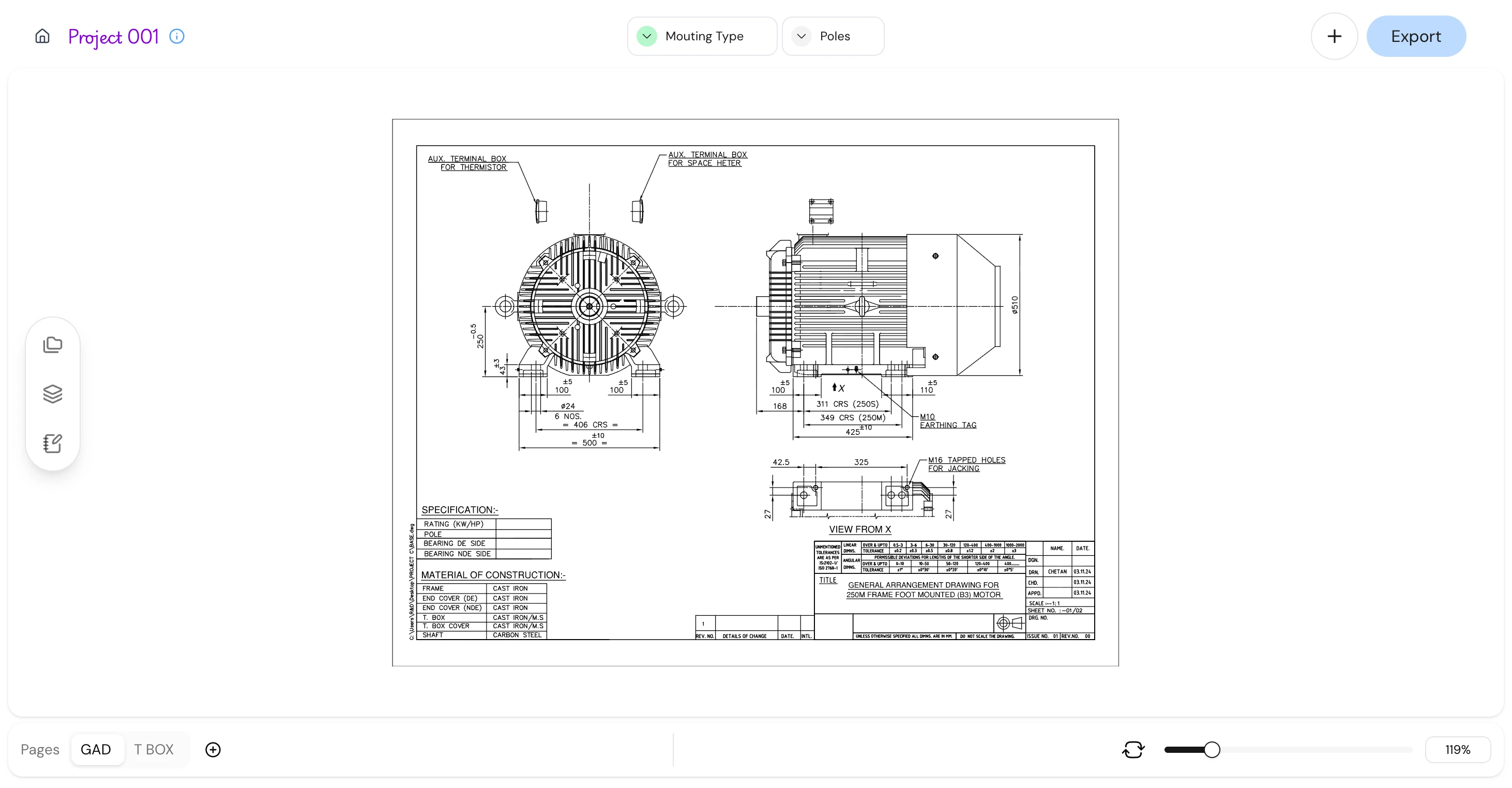 Full general arrangement drawing of a foot-mounted motor