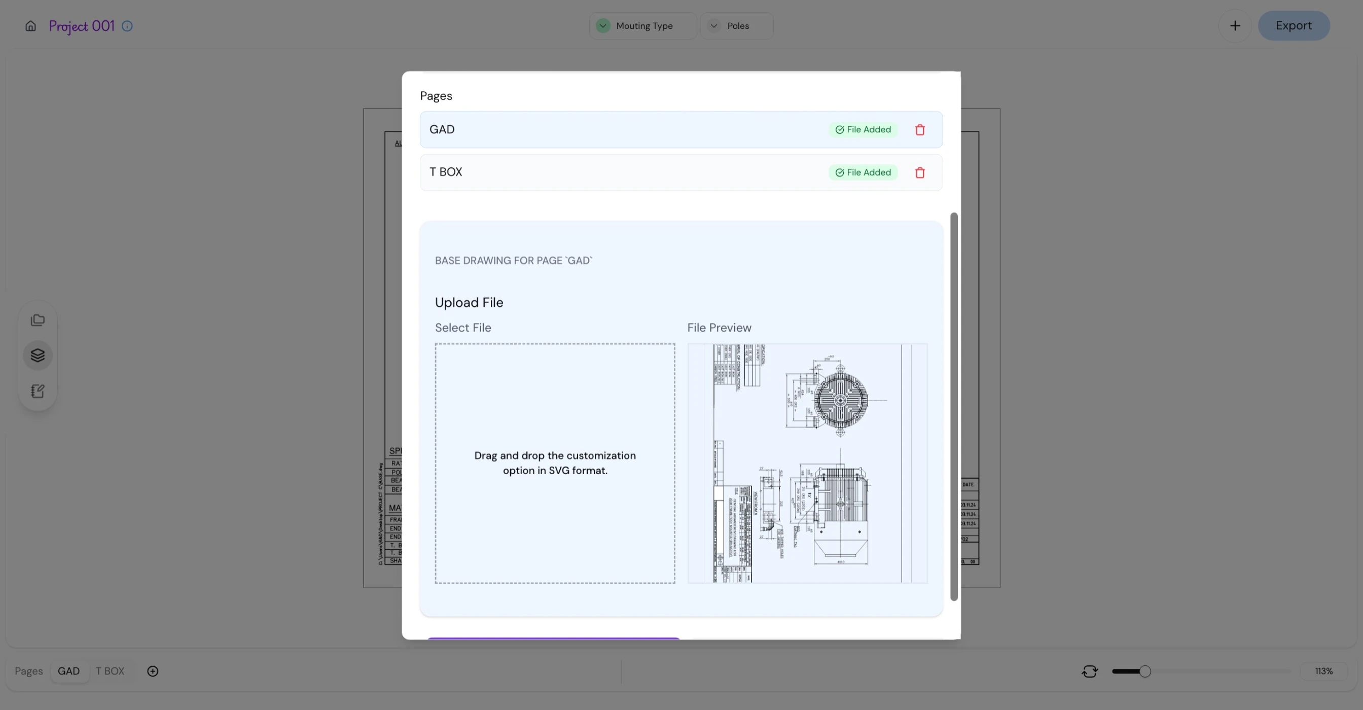 Pages manager with SVG base-drawing upload and preview