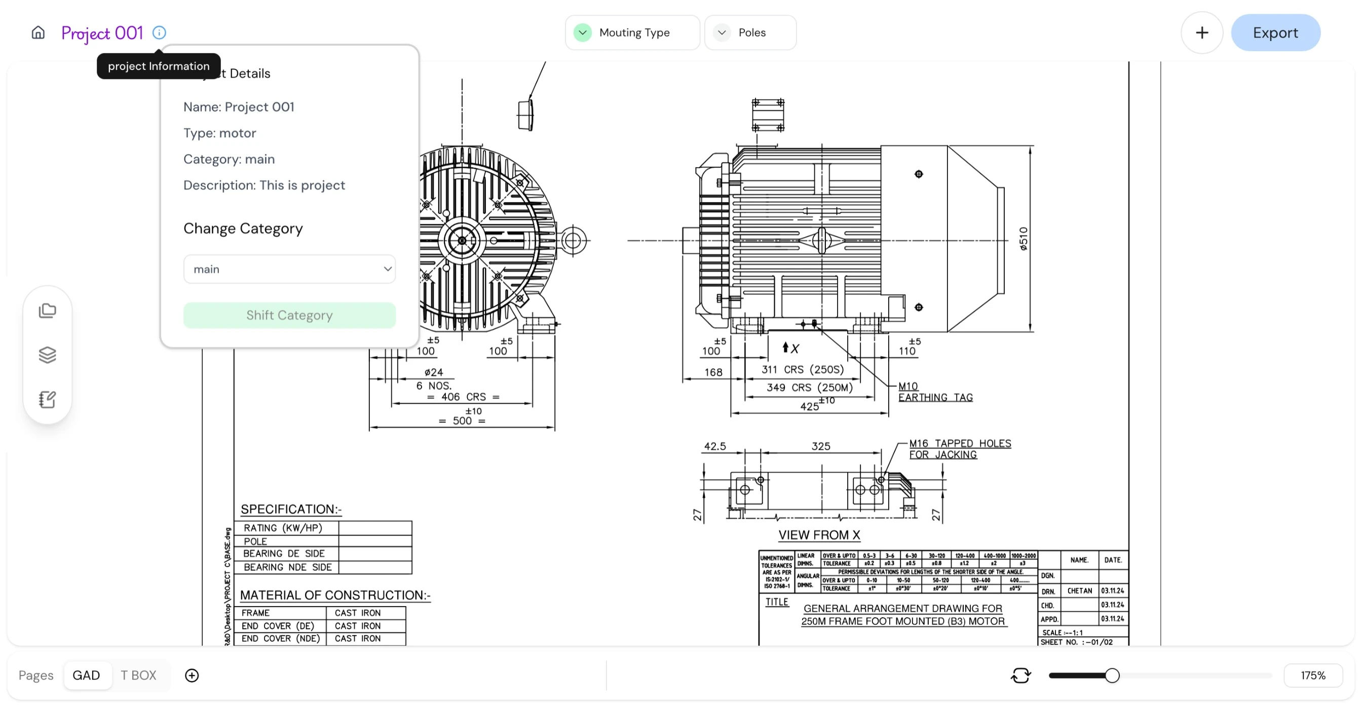 Project information panel over an engineering drawing