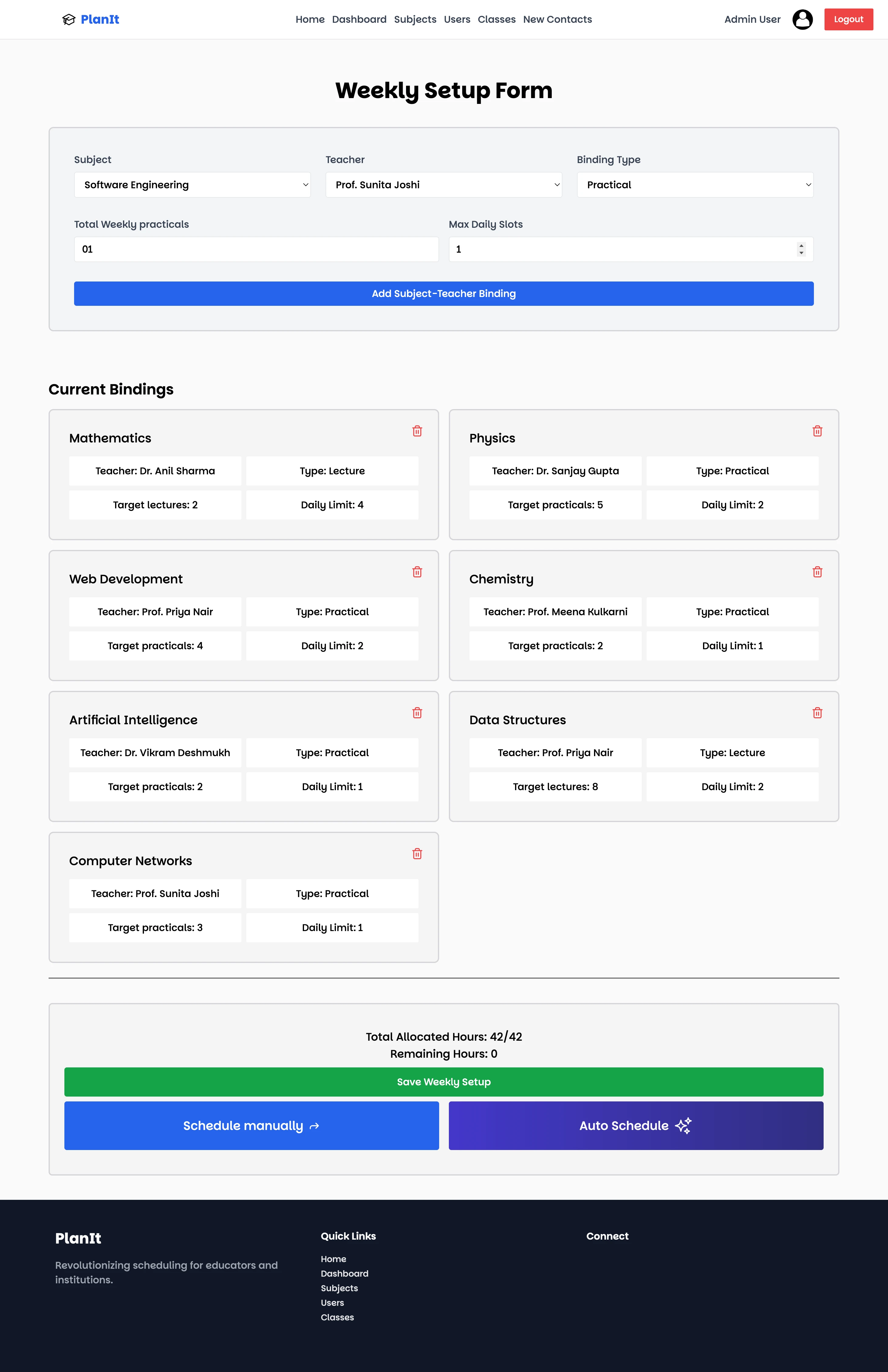 PlanIt weekly setup form with subject-teacher bindings totalling 42 hours