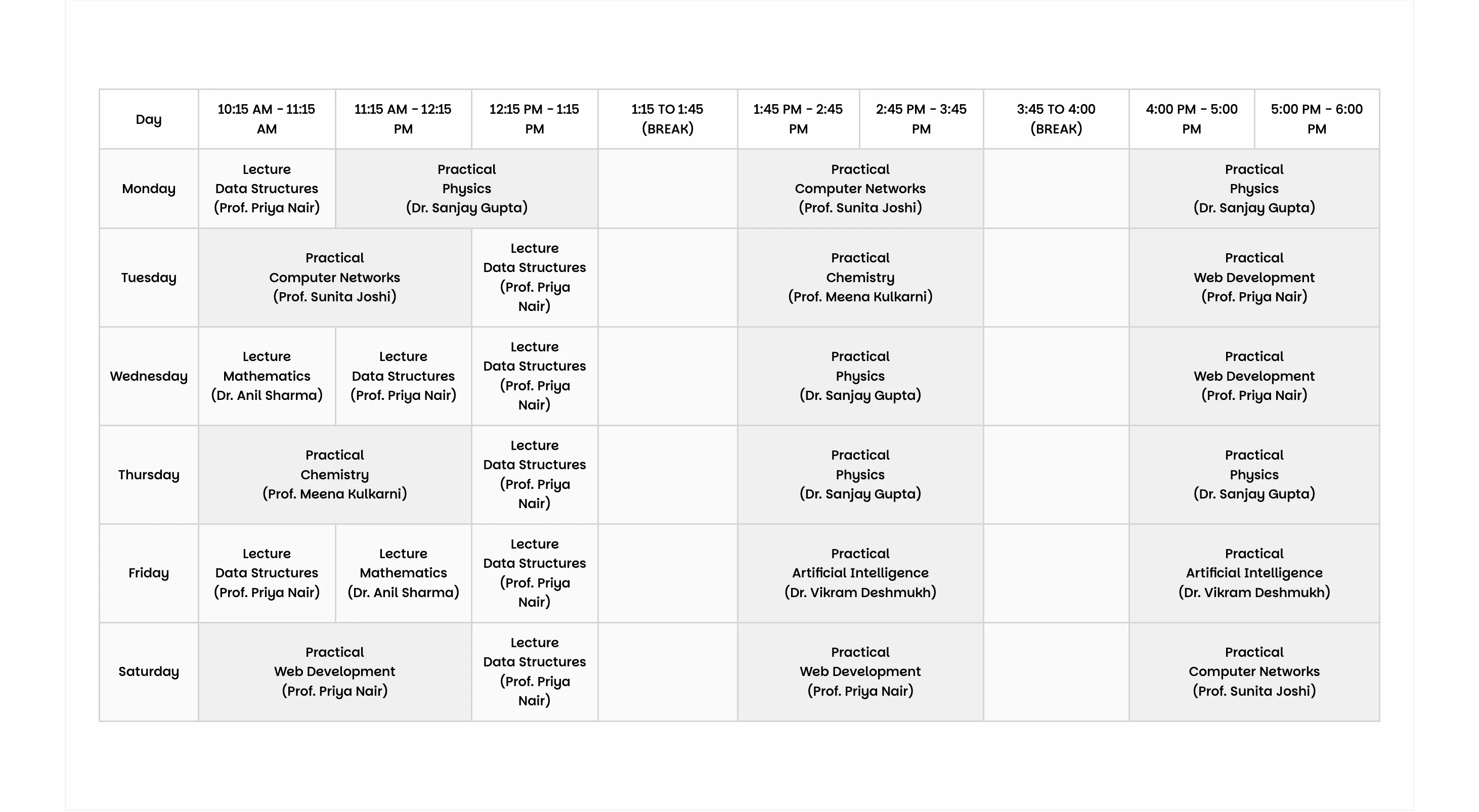 Generated weekly timetable grid of lectures and practicals
