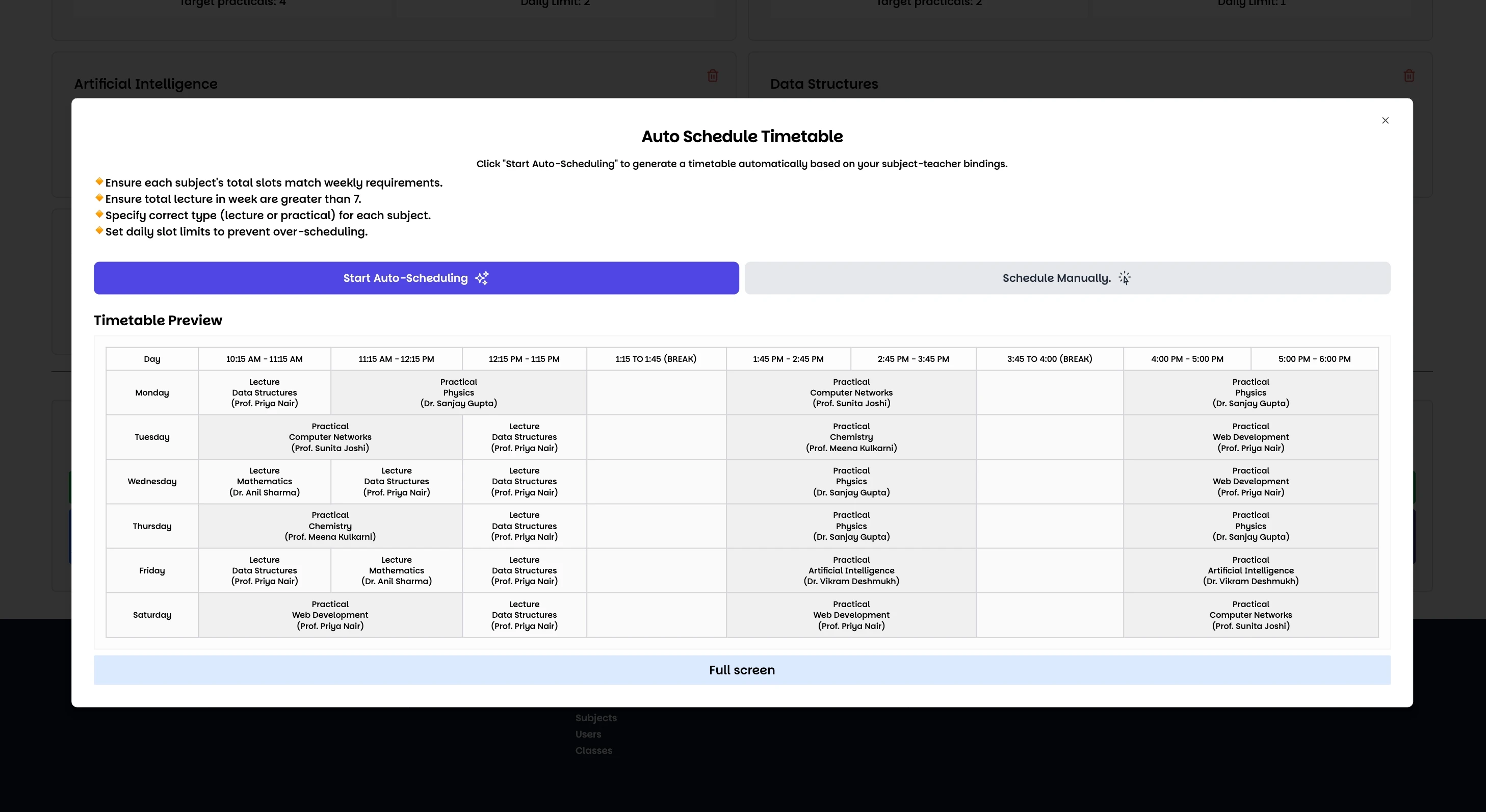 Auto-schedule dialog with rules and timetable preview