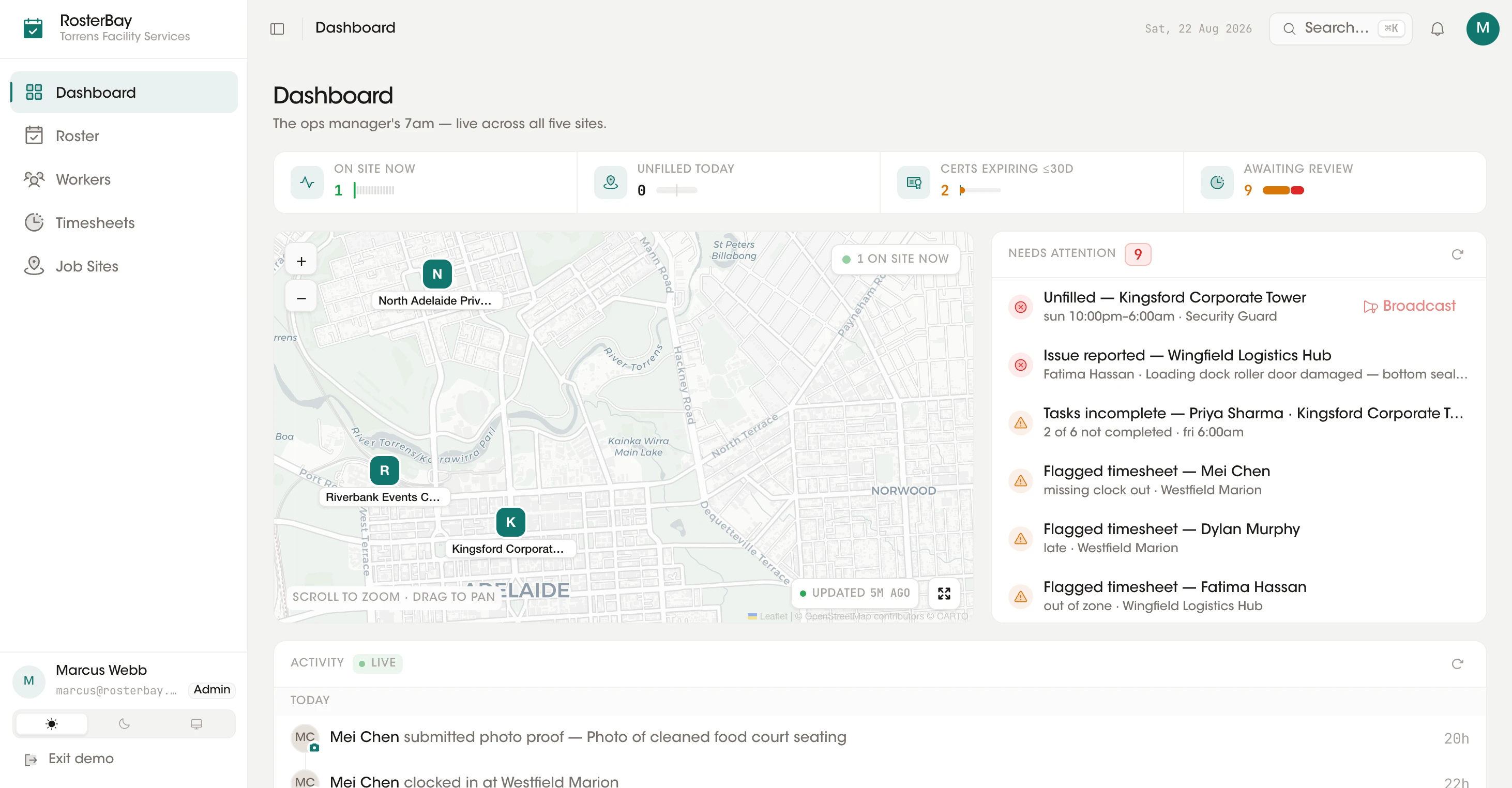 RosterBay admin dashboard with live worker map and KPI strip