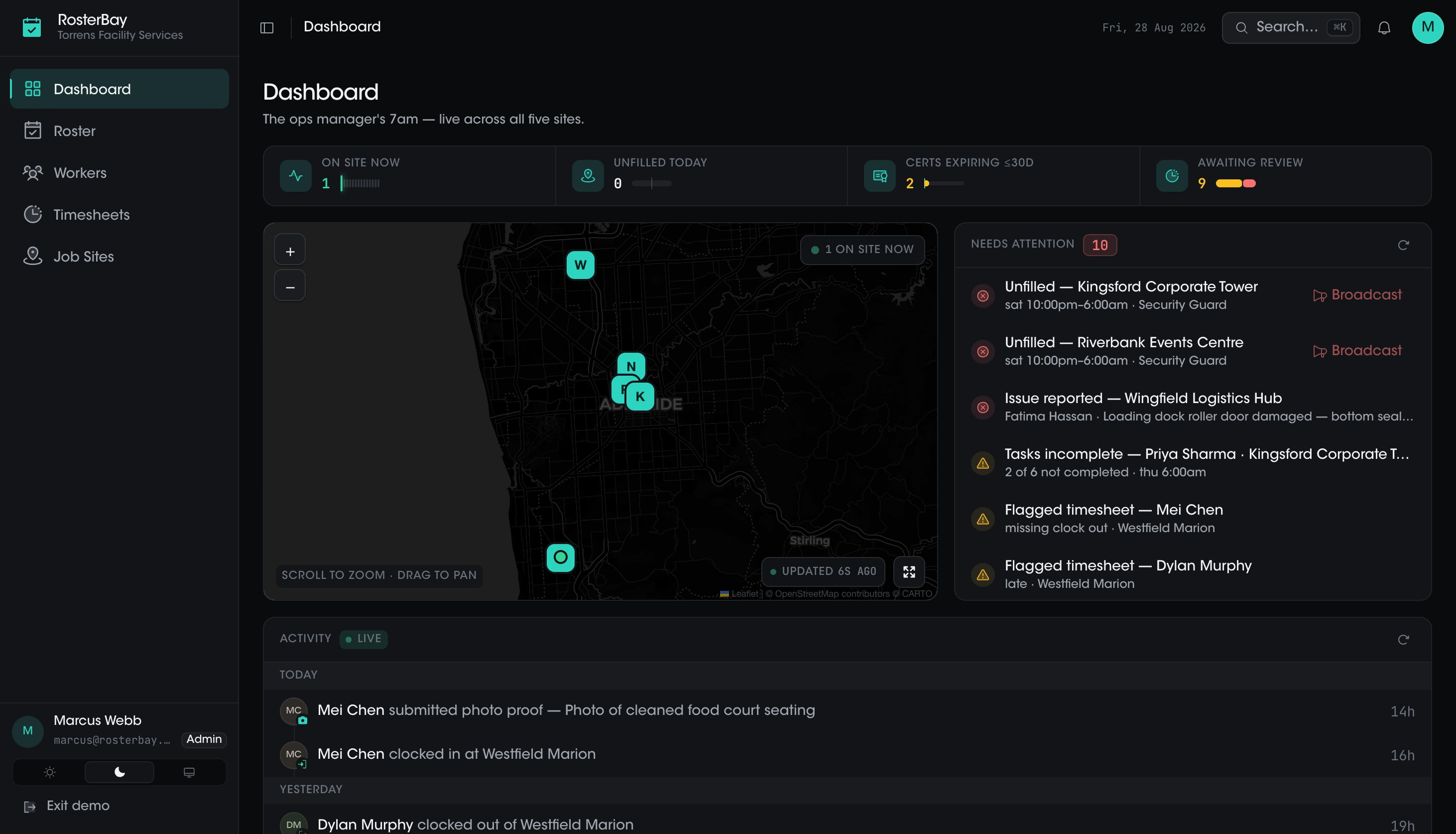 Dark admin dashboard with live worker map and KPI strip