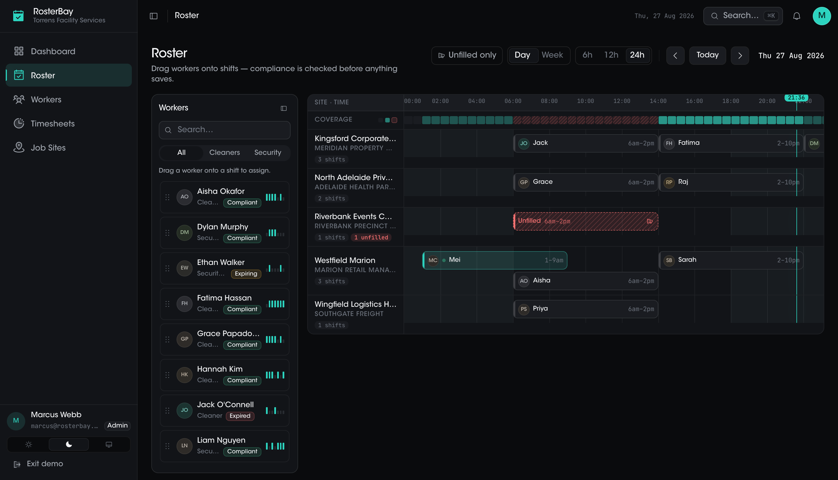 Dark day-view roster with compliance-badged workers on a time grid