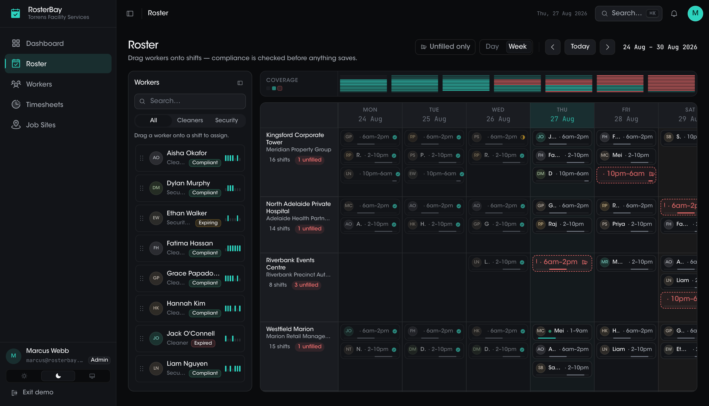 Dark week roster with shift bars across all sites