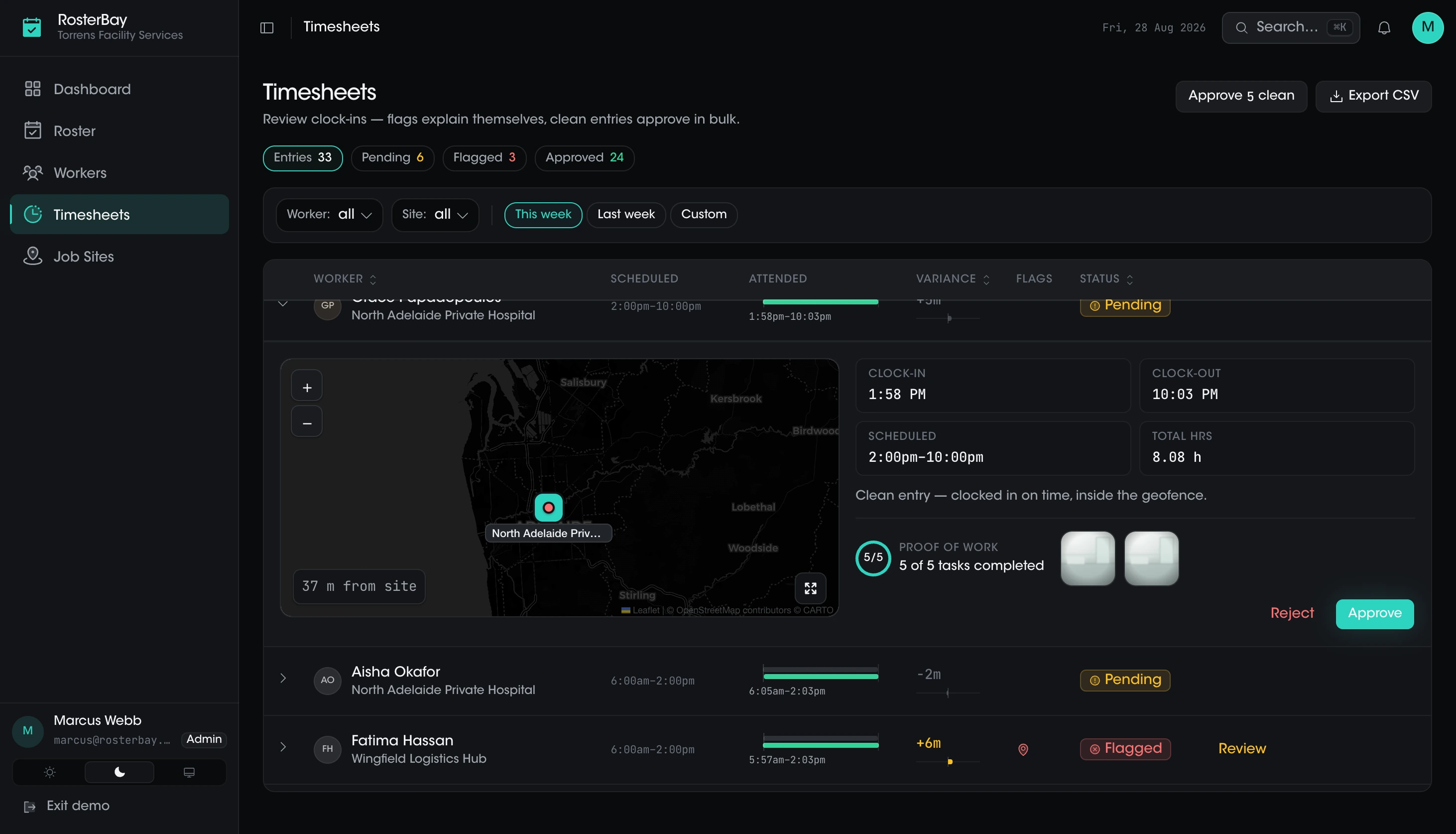Dark flagged timesheet with GPS map and approval controls