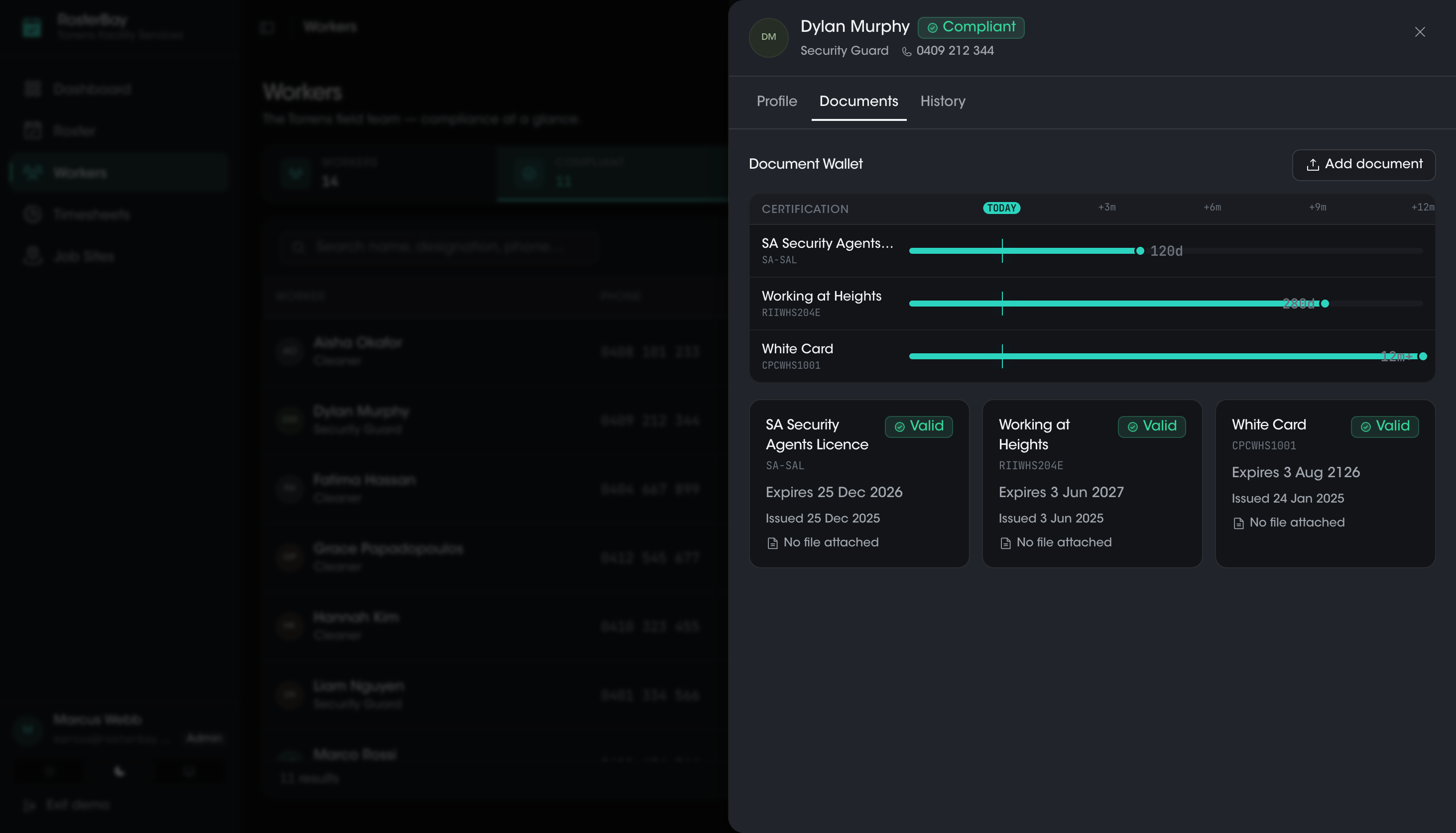 Dark worker document wallet with certification validity timelines