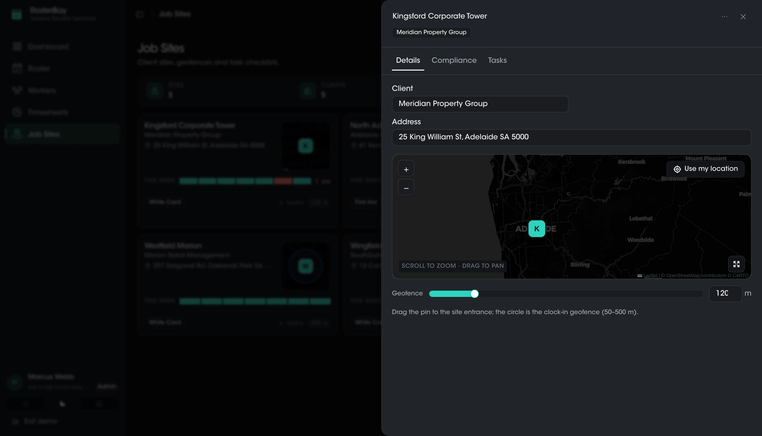 Dark job-site drawer with geofence map and radius slider