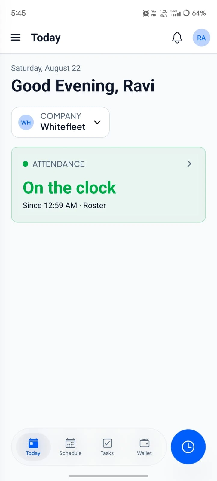 Worker mobile app home with company switcher and attendance card