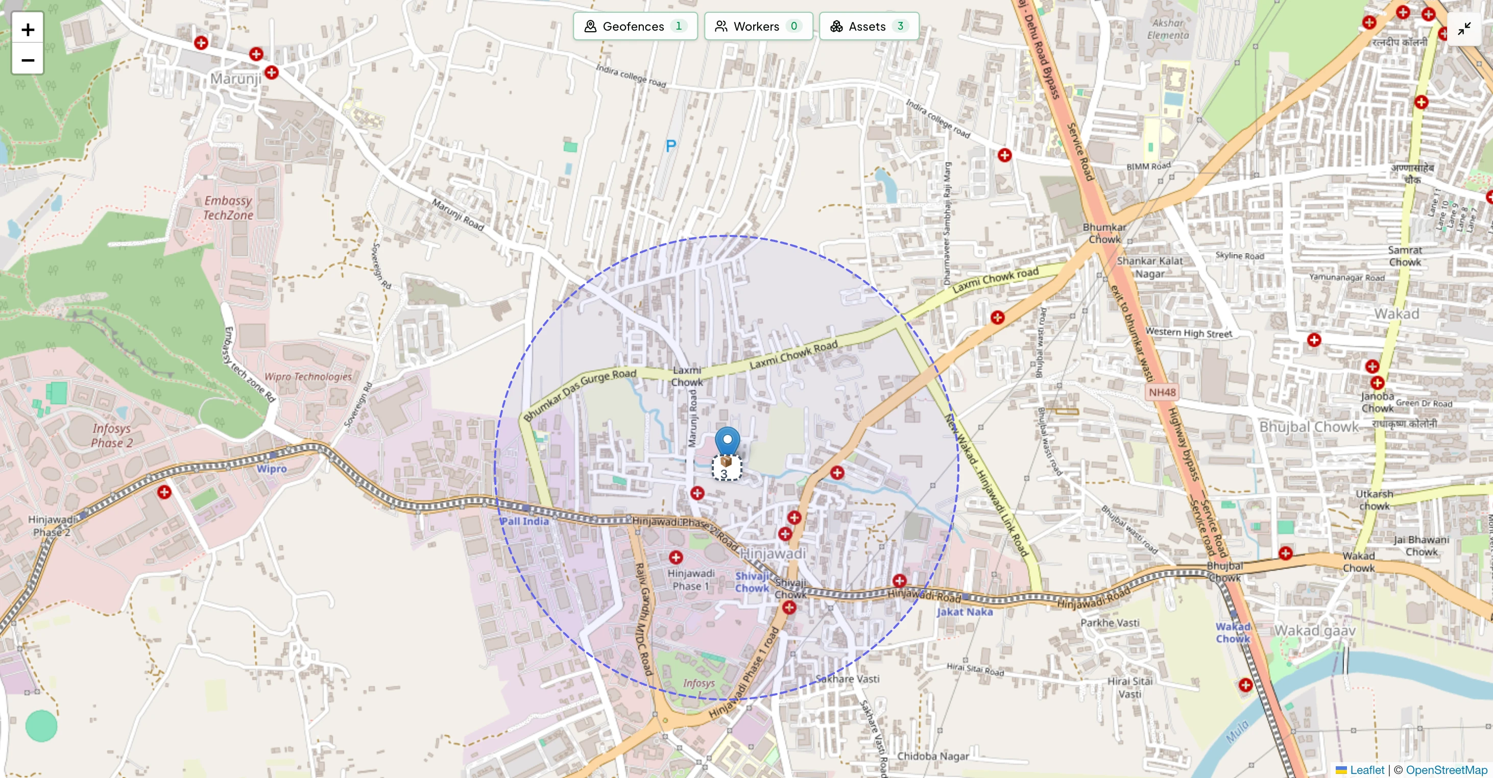 Live map with geofence circle and worker pins across city streets