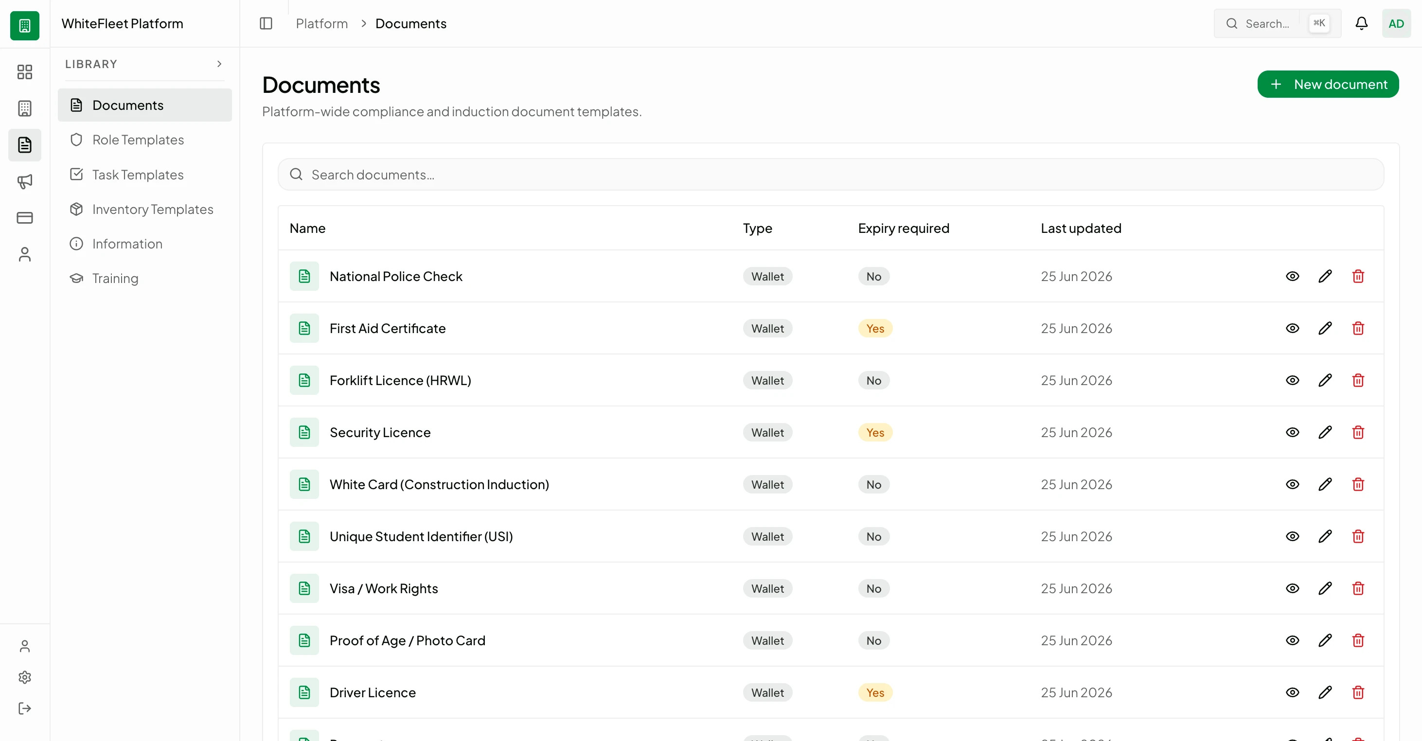 Platform document library listing compliance credentials typed as Wallet