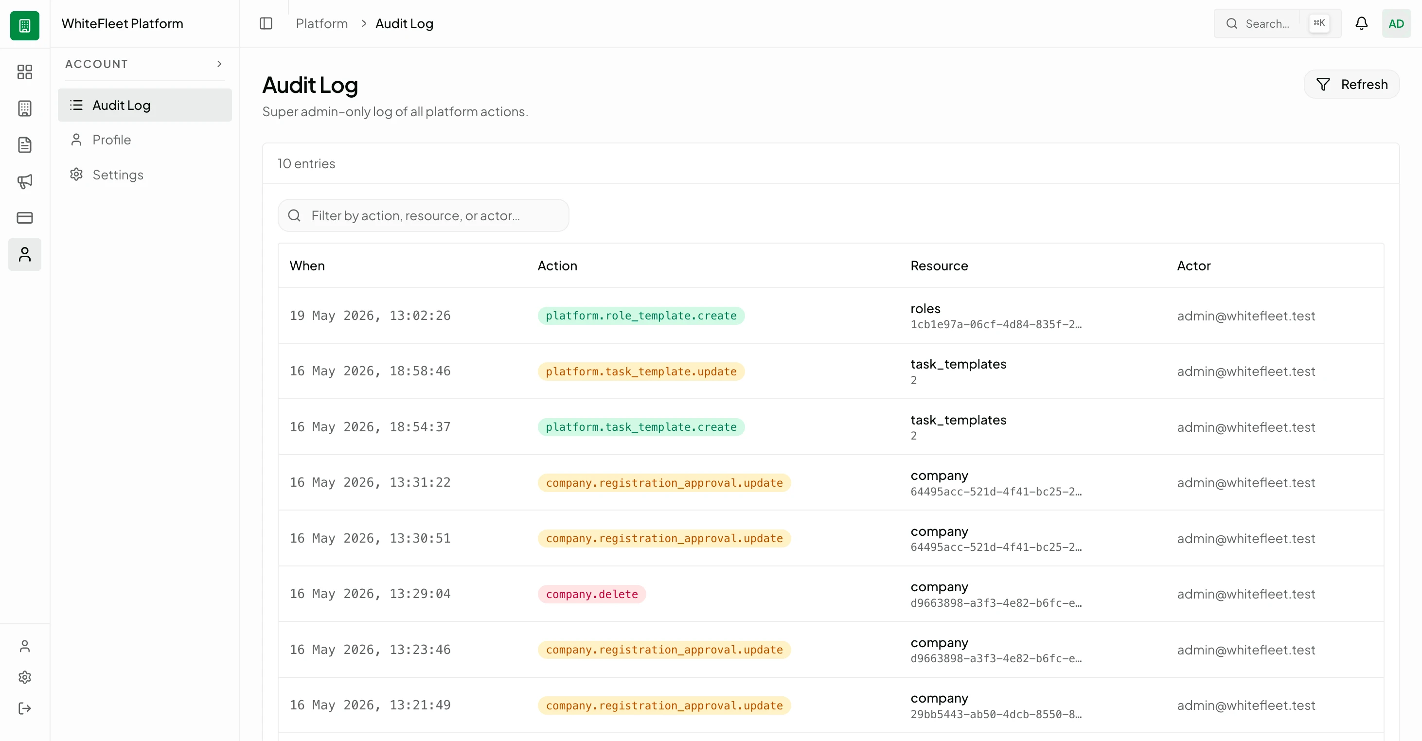 Platform audit log with colour-coded action badges and timestamps